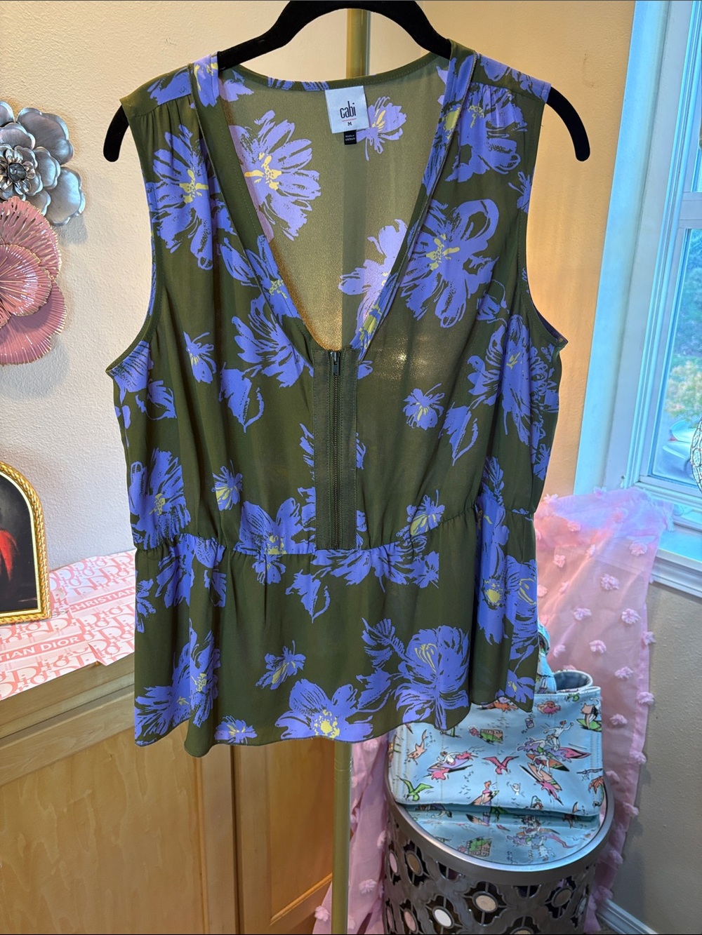 CAbi Olive Green Sleeveless V-Neck Top with Periwinkle Floral Print